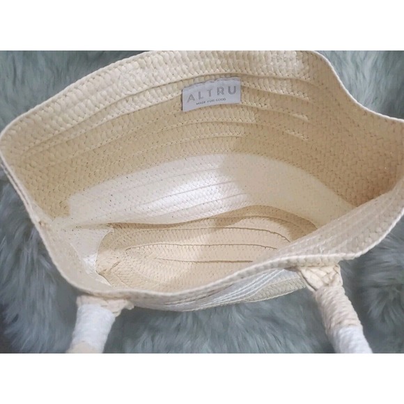 Altru Medium 100% Paper Straw Tan White Double Handles Tote Bag Purse - Picture 6 of 8
